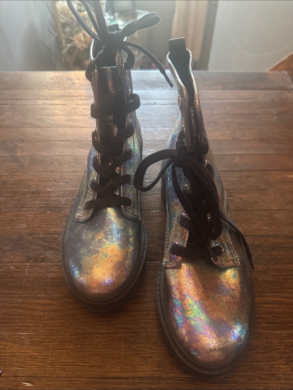 SCHUTZ Women’s Iridescent Rainbow Lace-Up Boots with Black Laces
